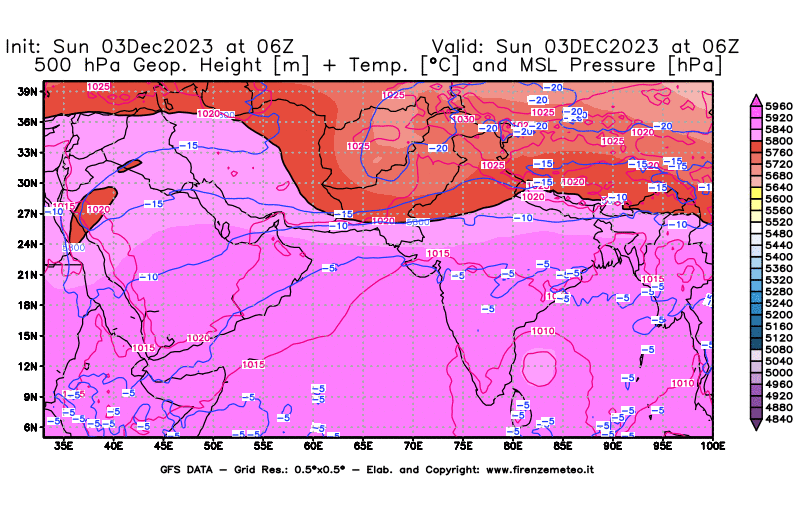 GFS analysi map - Geopotential + Temp. at 500 hPa + Sea Level Pressure in South West Asia 
									on December 3, 2023 H06