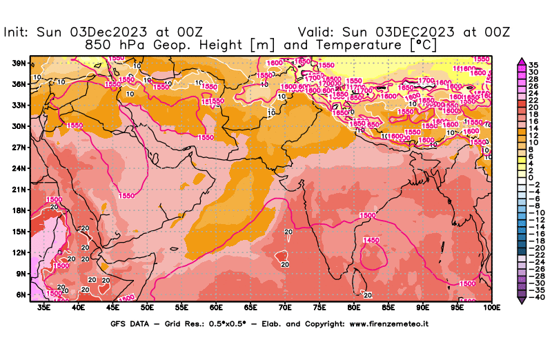 GFS analysi map - Geopotential and Temperature at 850 hPa in South West Asia 
									on December 3, 2023 H00
