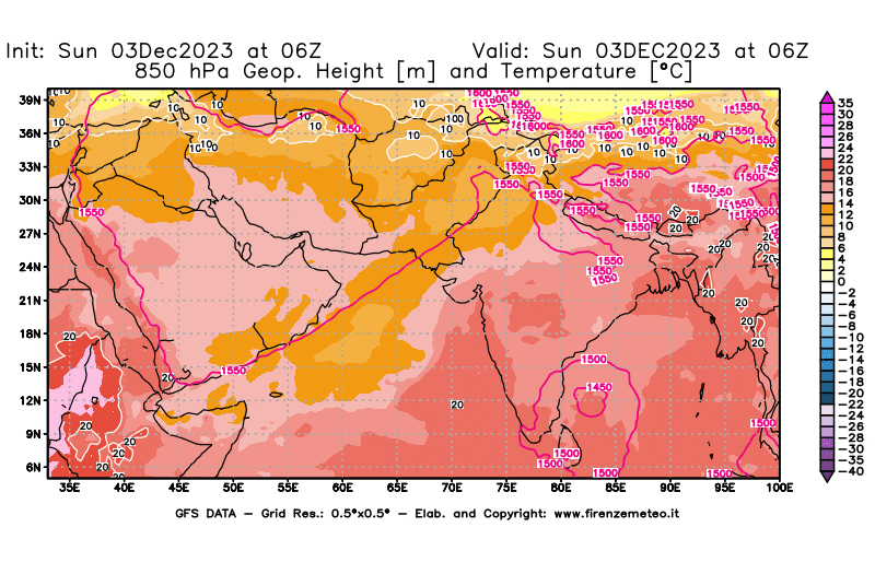 GFS analysi map - Geopotential and Temperature at 850 hPa in South West Asia 
									on December 3, 2023 H06
