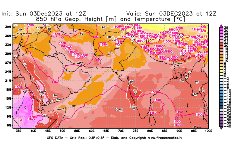GFS analysi map - Geopotential and Temperature at 850 hPa in South West Asia 
									on December 3, 2023 H12