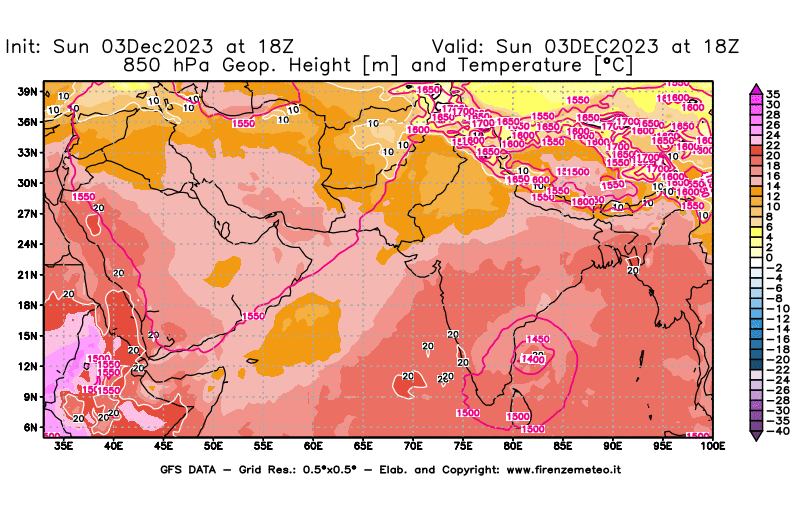GFS analysi map - Geopotential and Temperature at 850 hPa in South West Asia 
									on December 3, 2023 H18