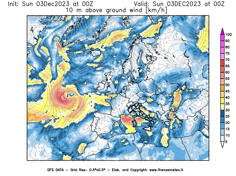 Mappa di analisi GFS - Velocità del vento a 10 metri dal suolo in Europa
							del 3 dicembre 2023 z00