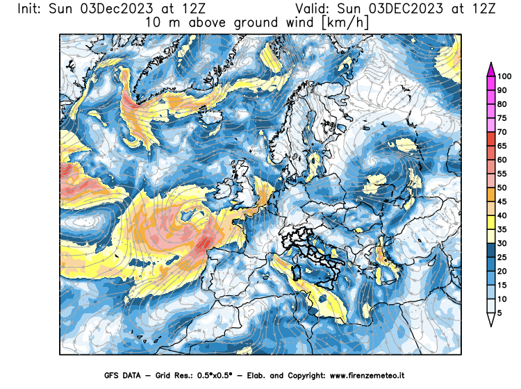 Mappa di analisi GFS - Velocità del vento a 10 metri dal suolo in Europa
							del 3 dicembre 2023 z12