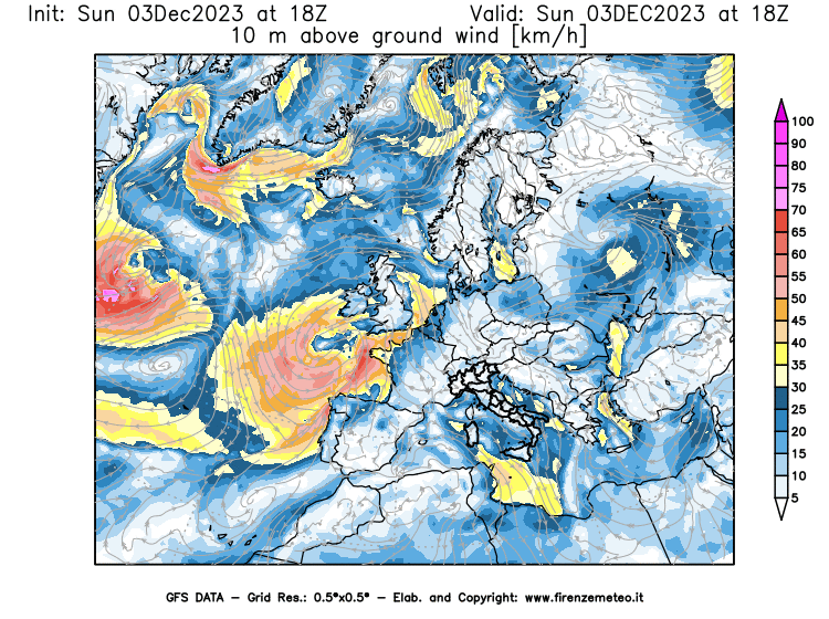 Mappa di analisi GFS - Velocità del vento a 10 metri dal suolo in Europa
							del 3 dicembre 2023 z18