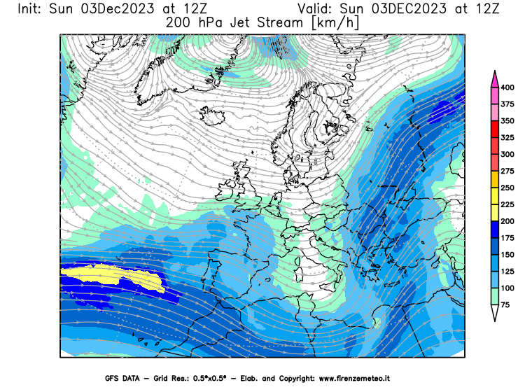 GFS analysi map - Jet Stream at 200 hPa in Europe
									on December 3, 2023 H12