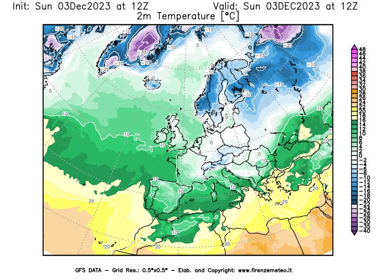 Mappa di analisi GFS - Temperatura a 2 metri dal suolo in Europa
							del 3 dicembre 2023 z12