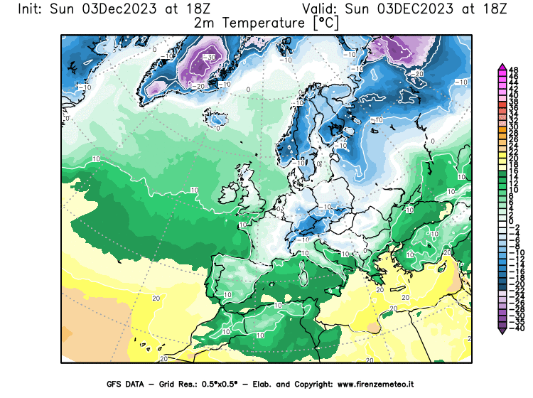 Mappa di analisi GFS - Temperatura a 2 metri dal suolo in Europa
							del 3 dicembre 2023 z18