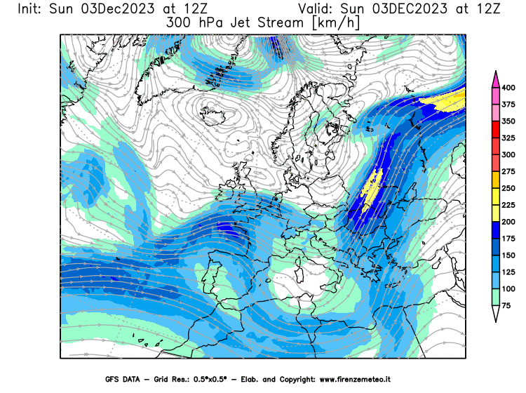 GFS analysi map - Jet Stream at 300 hPa in Europe
									on December 3, 2023 H12