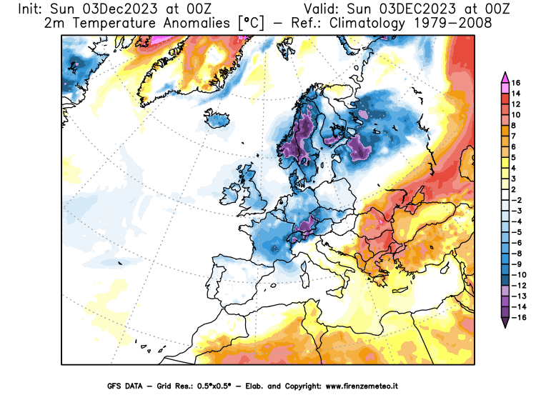 Mappa di analisi GFS - Anomalia Temperatura a 2 m in Europa
							del 3 dicembre 2023 z00