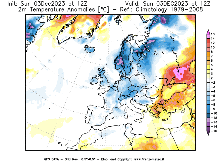 Mappa di analisi GFS - Anomalia Temperatura a 2 m in Europa
							del 3 dicembre 2023 z12