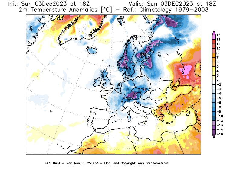 Mappa di analisi GFS - Anomalia Temperatura a 2 m in Europa
							del 3 dicembre 2023 z18