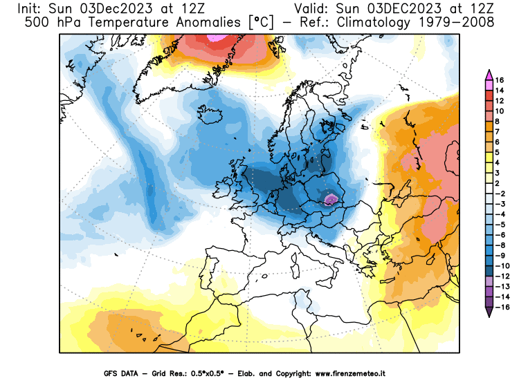Mappa di analisi GFS - Anomalia Temperatura a 500 hPa in Europa
							del 3 dicembre 2023 z12