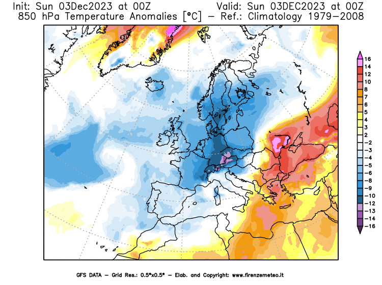 Mappa di analisi GFS - Anomalia Temperatura a 850 hPa in Europa
							del 3 dicembre 2023 z00