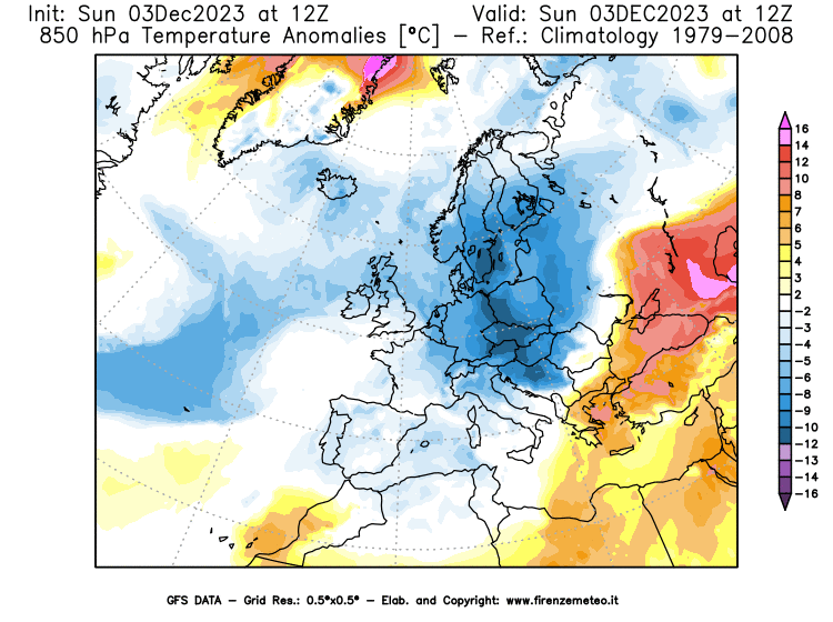 Mappa di analisi GFS - Anomalia Temperatura a 850 hPa in Europa
							del 3 dicembre 2023 z12