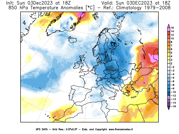 Mappa di analisi GFS - Anomalia Temperatura a 850 hPa in Europa
							del 3 dicembre 2023 z18