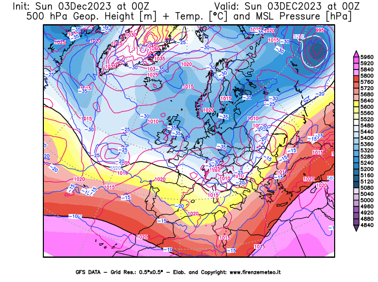 GFS analysi map - Geopotential + Temp. at 500 hPa + Sea Level Pressure in Europe
									on December 3, 2023 H00