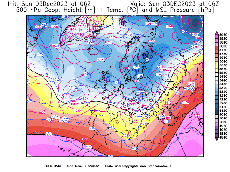 GFS analysi map - Geopotential + Temp. at 500 hPa + Sea Level Pressure in Europe
									on December 3, 2023 H06