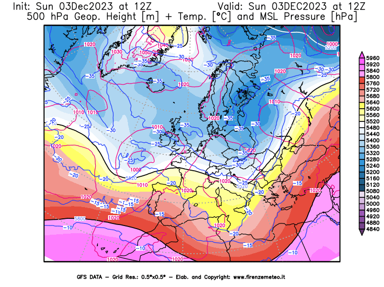 GFS analysi map - Geopotential + Temp. at 500 hPa + Sea Level Pressure in Europe
									on December 3, 2023 H12