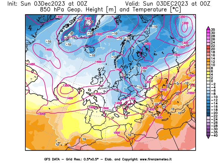 GFS analysi map - Geopotential and Temperature at 850 hPa in Europe
									on December 3, 2023 H00