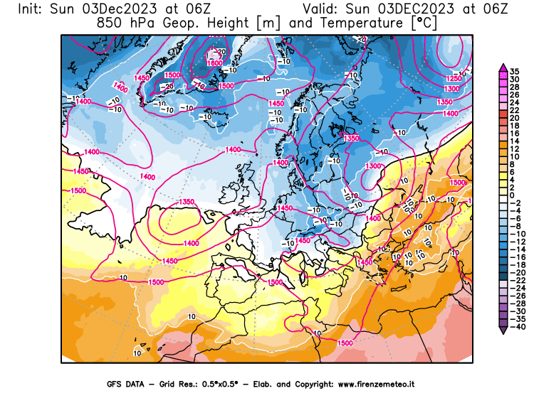 GFS analysi map - Geopotential and Temperature at 850 hPa in Europe
									on December 3, 2023 H06