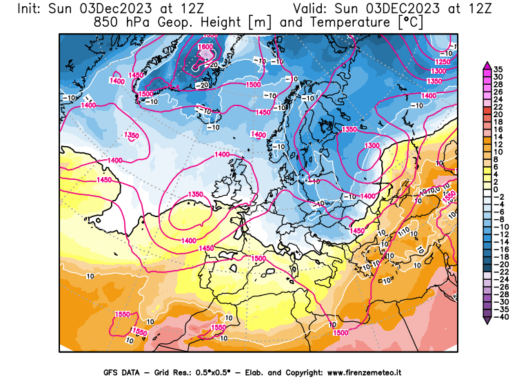 GFS analysi map - Geopotential and Temperature at 850 hPa in Europe
									on December 3, 2023 H12