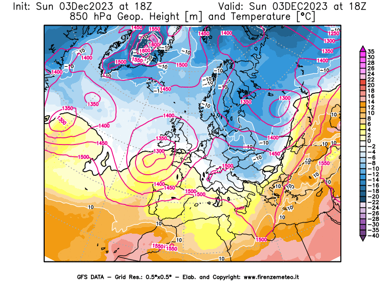 Mappa di analisi GFS - Geopotenziale e Temperatura a 850 hPa in Europa
							del 3 dicembre 2023 z18