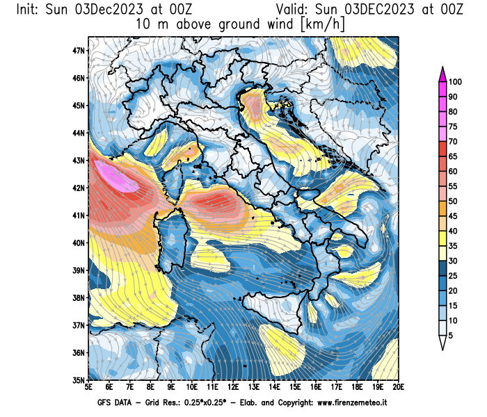 Mappa di analisi GFS - Velocità del vento a 10 metri dal suolo in Italia
							del 3 dicembre 2023 z00