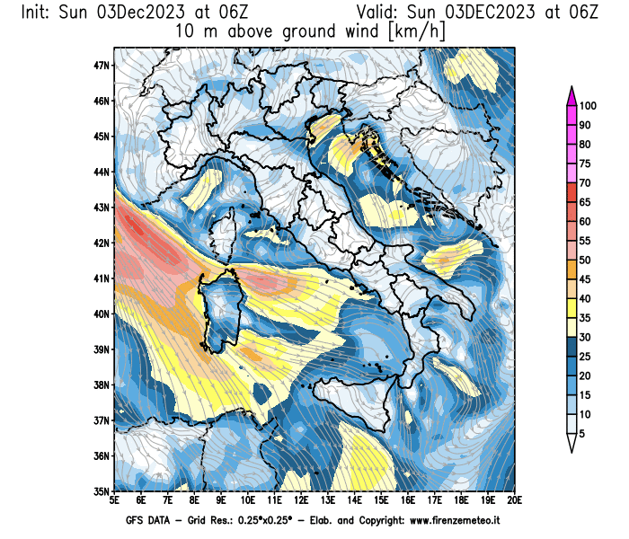 Mappa di analisi GFS - Velocità del vento a 10 metri dal suolo in Italia
							del 3 dicembre 2023 z06