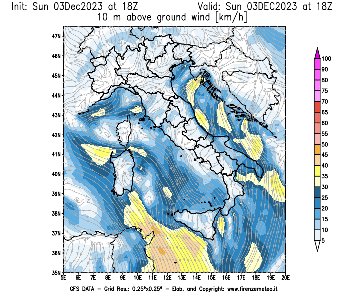 Mappa di analisi GFS - Velocità del vento a 10 metri dal suolo in Italia
							del 3 dicembre 2023 z18
