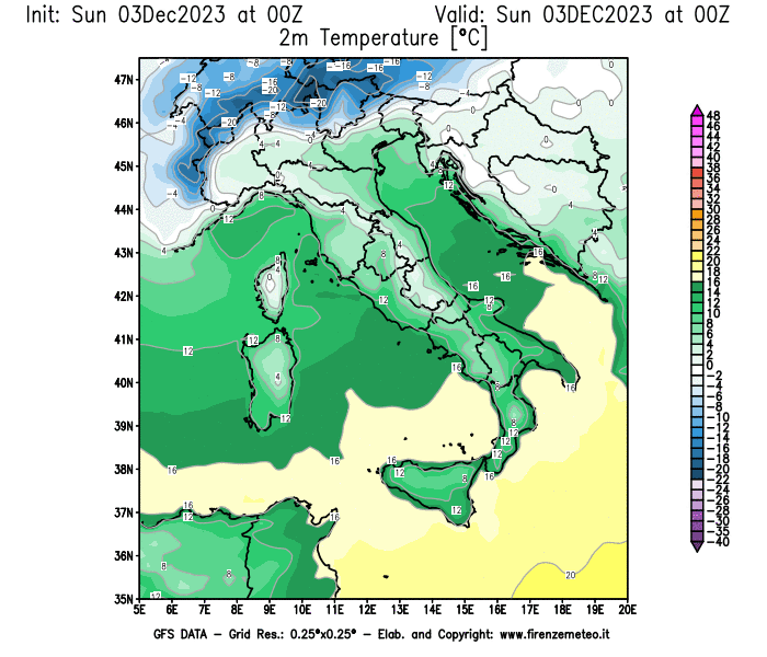 Mappa di analisi GFS - Temperatura a 2 metri dal suolo in Italia
							del 3 dicembre 2023 z00