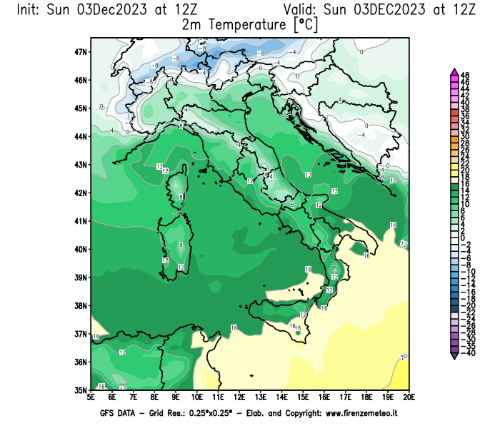 Mappa di analisi GFS - Temperatura a 2 metri dal suolo in Italia
							del 3 dicembre 2023 z12