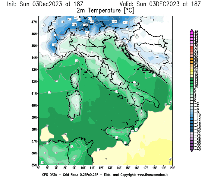 Mappa di analisi GFS - Temperatura a 2 metri dal suolo in Italia
							del 3 dicembre 2023 z18