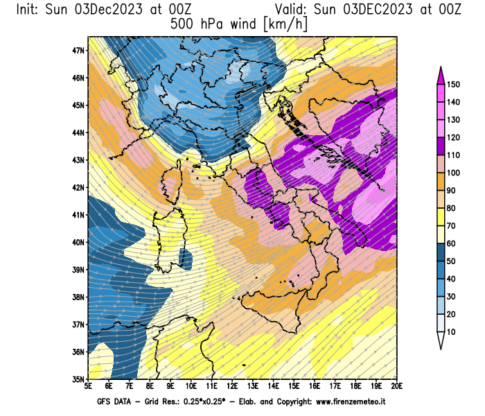 GFS analysi map - Wind Speed at 500 hPa in Italy
									on December 3, 2023 H00