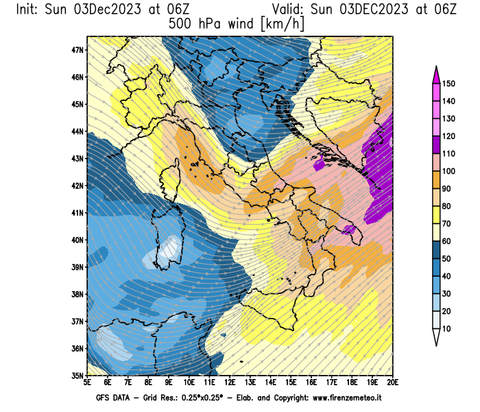 Mappa di analisi GFS - Velocità del vento a 500 hPa in Italia
							del 3 dicembre 2023 z06