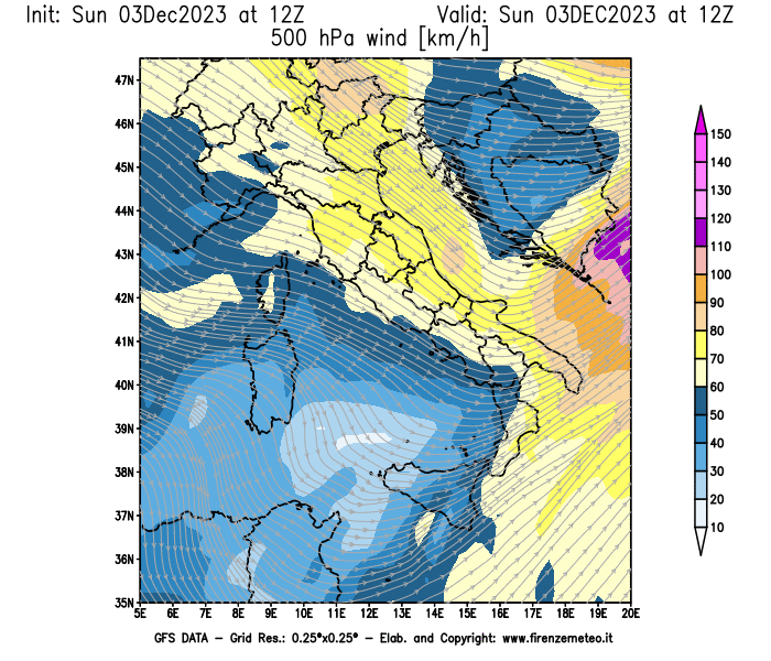 Mappa di analisi GFS - Velocità del vento a 500 hPa in Italia
							del 3 dicembre 2023 z12