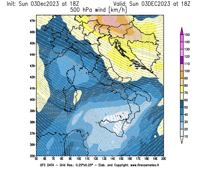 Mappa di analisi GFS - Velocità del vento a 500 hPa in Italia
							del 3 dicembre 2023 z18