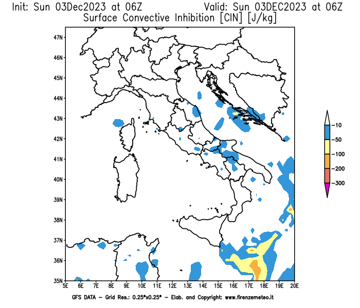 Mappa di analisi GFS - CIN in Italia
							del 3 dicembre 2023 z06