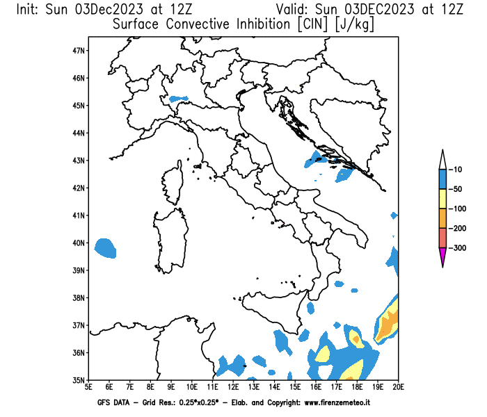 GFS analysi map - CIN in Italy
									on December 3, 2023 H12