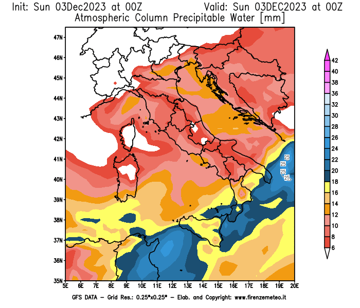Mappa di analisi GFS - Precipitable Water in Italia
							del 3 dicembre 2023 z00