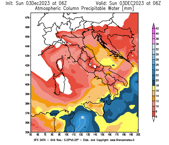 Mappa di analisi GFS - Precipitable Water in Italia
							del 3 dicembre 2023 z06