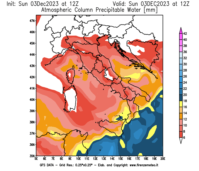 Mappa di analisi GFS - Precipitable Water in Italia
							del 3 dicembre 2023 z12