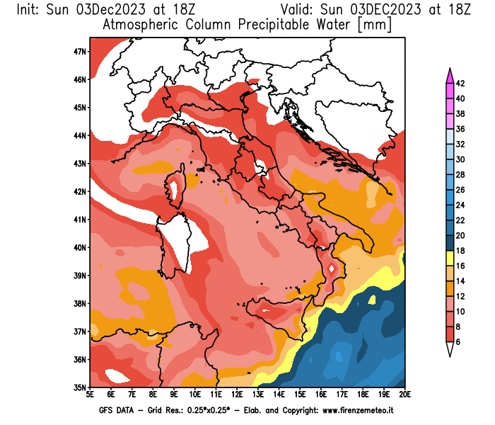 Mappa di analisi GFS - Precipitable Water in Italia
							del 3 dicembre 2023 z18