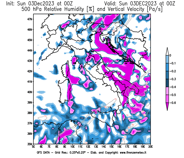 Mappa di analisi GFS - Umidità relativa e Omega a 500 hPa in Italia
							del 3 dicembre 2023 z00
