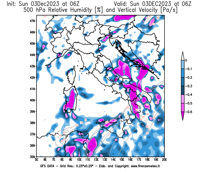 Mappa di analisi GFS - Umidità relativa e Omega a 500 hPa in Italia
							del 3 dicembre 2023 z06