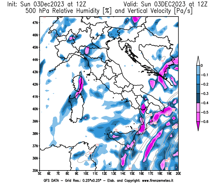 Mappa di analisi GFS - Umidità relativa e Omega a 500 hPa in Italia
							del 3 dicembre 2023 z12