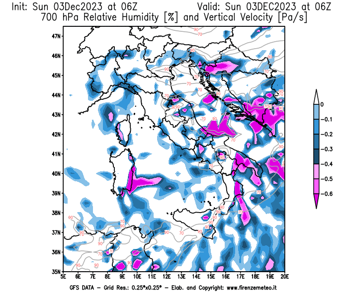 Mappa di analisi GFS - Umidità relativa e Omega a 700 hPa in Italia
							del 3 dicembre 2023 z06