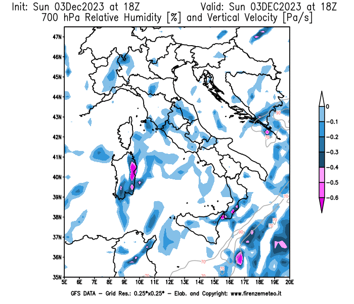 Mappa di analisi GFS - Umidità relativa e Omega a 700 hPa in Italia
							del 3 dicembre 2023 z18