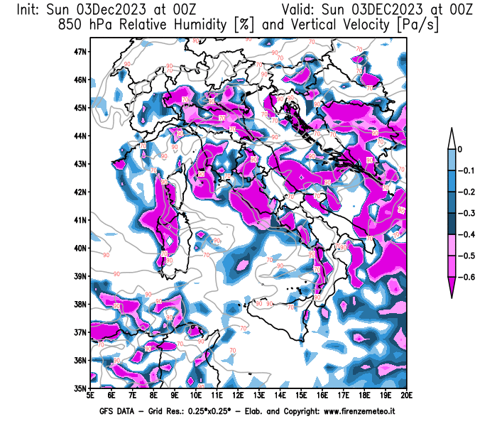 Mappa di analisi GFS - Umidità relativa e Omega a 850 hPa in Italia
							del 3 dicembre 2023 z00