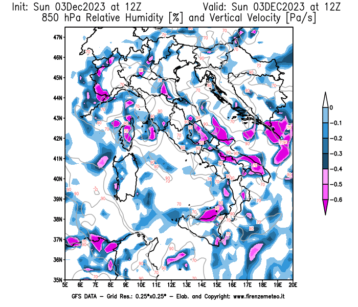 Mappa di analisi GFS - Umidità relativa e Omega a 850 hPa in Italia
							del 3 dicembre 2023 z12