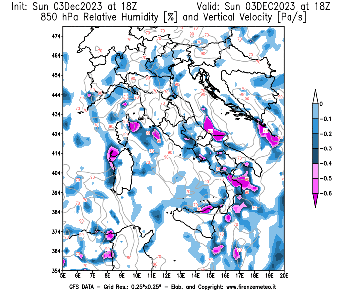 Mappa di analisi GFS - Umidità relativa e Omega a 850 hPa in Italia
							del 3 dicembre 2023 z18